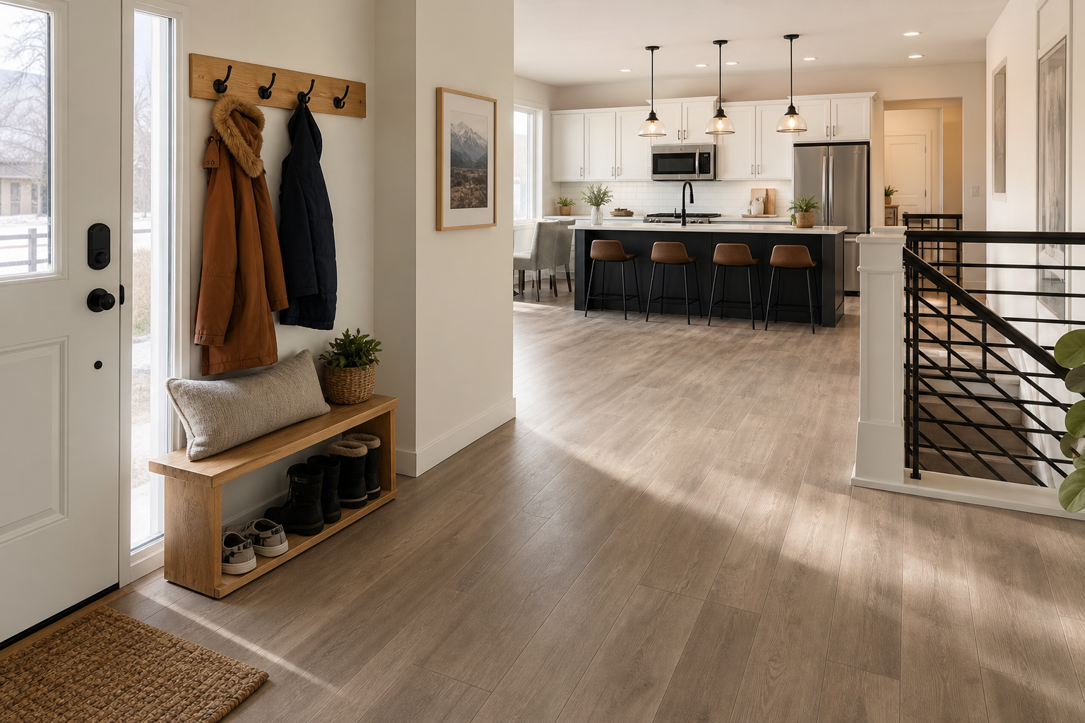 Luxury vinyl flooring in a bright Orem home entry and kitchen designed for snowy Utah winters