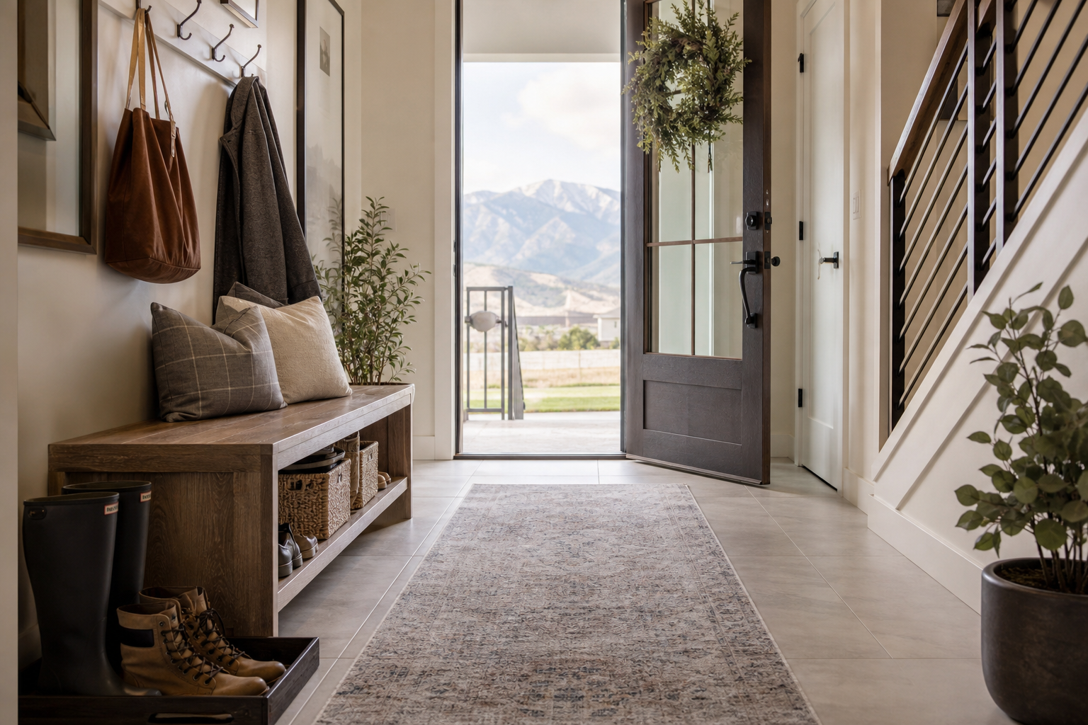 Matte porcelain tile entry in an Orem home with bright natural light and a clean, practical look.