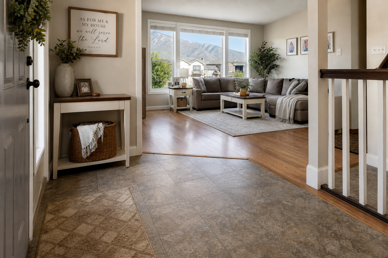 Orem home interior showing a practical mix of entry and living area flooring