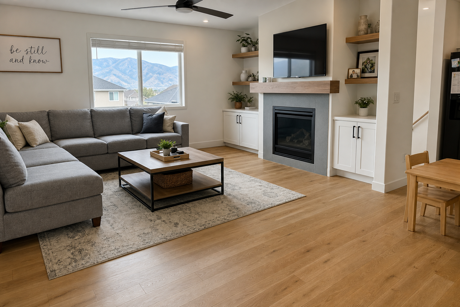 Warm, natural hardwood flooring in a bright Orem living room with Utah Valley light coming through large windows.