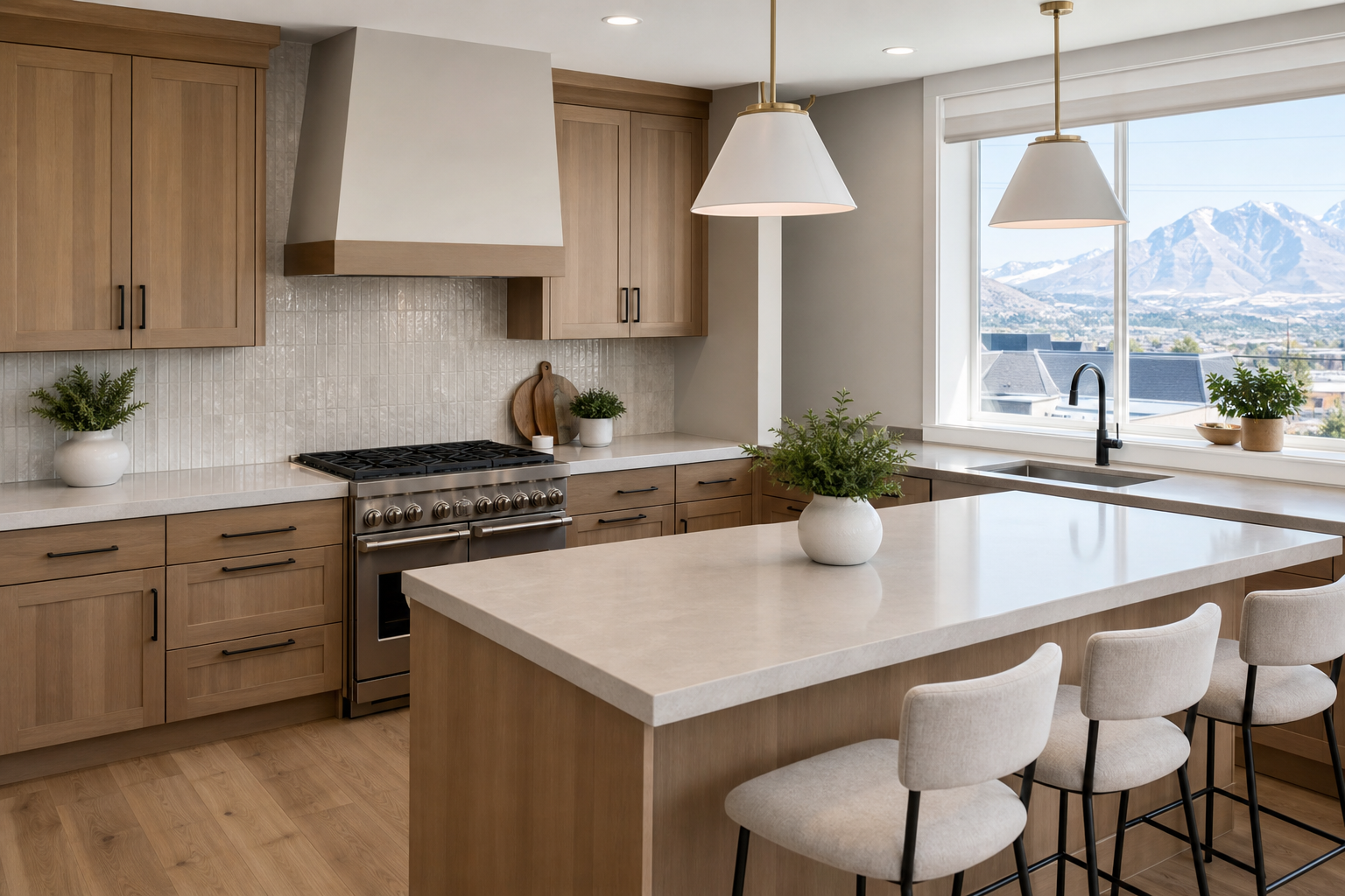 Finished Orem-style kitchen with light quartz countertops, warm wood accents, and completed tile backsplash in bright natural light.