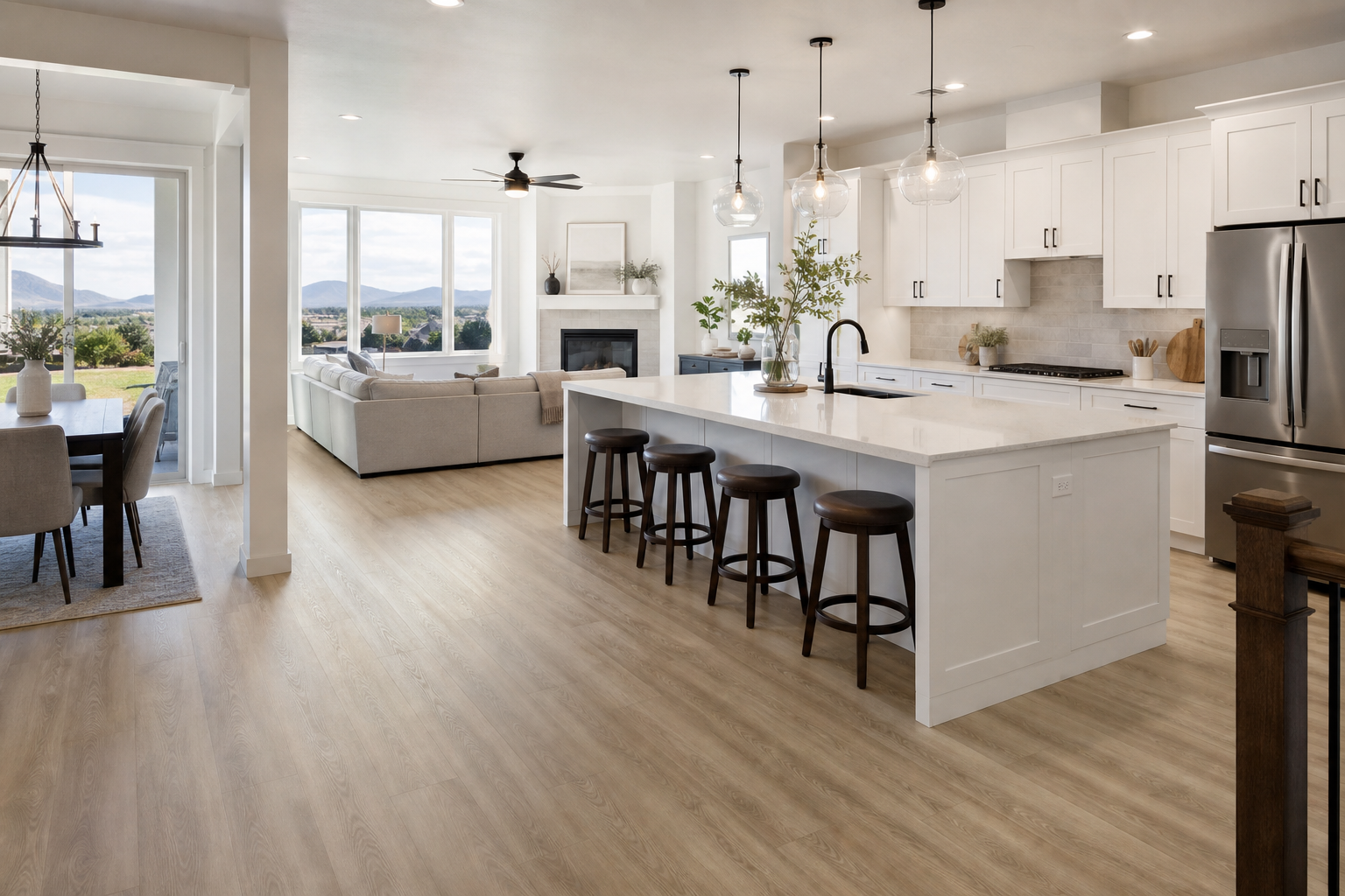 Finished Orem-area style open-concept kitchen and family room with installed light oak luxury vinyl plank flooring