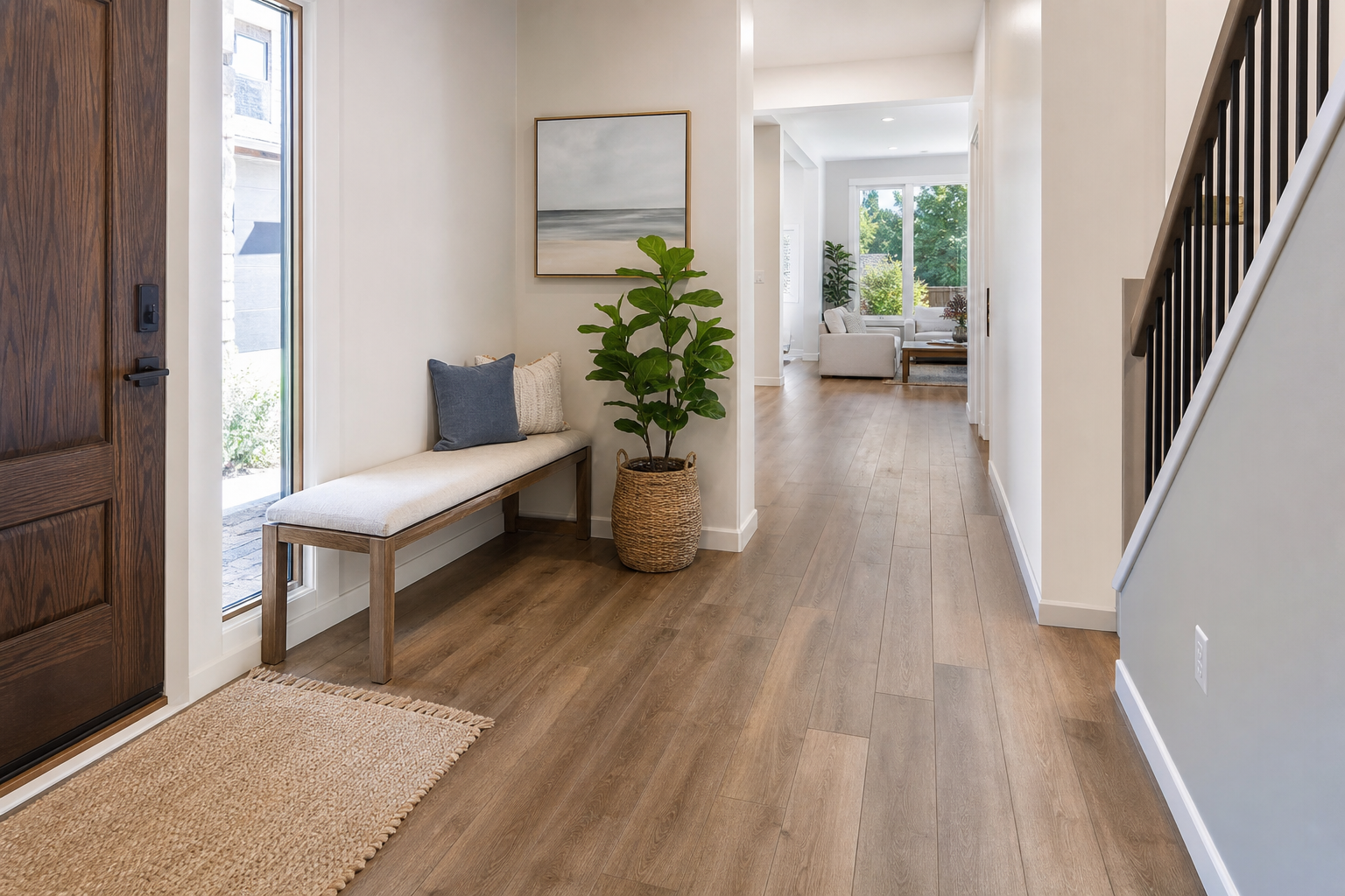 Finished front entry and hallway with installed medium-tone luxury vinyl plank flooring