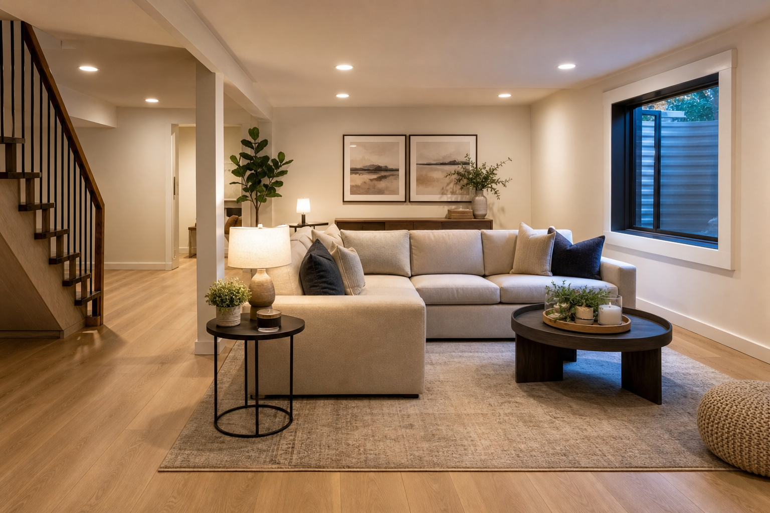 Finished basement family room with installed luxury vinyl plank flooring for summer gatherings