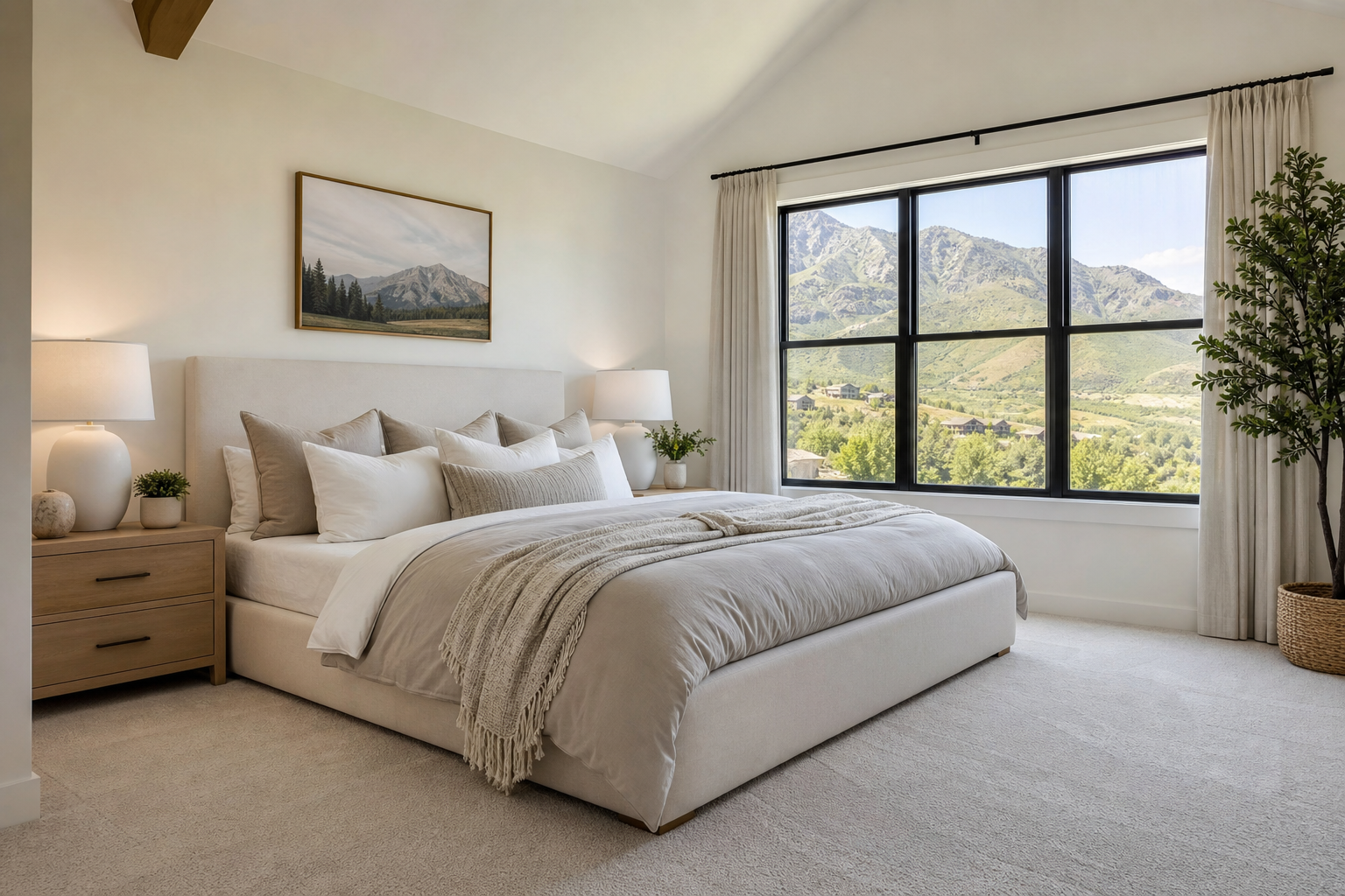 Finished upstairs bedroom with soft neutral carpet and bright summer light in an Orem-area home.