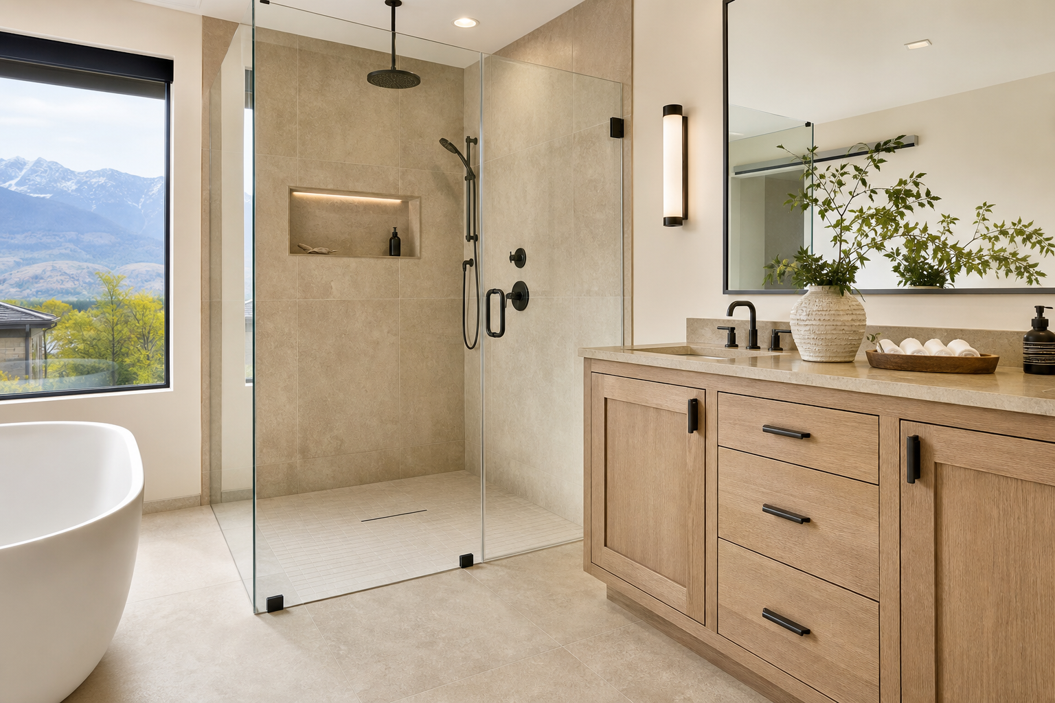 Finished spa-style bathroom with warm large-format tile and white oak vanity