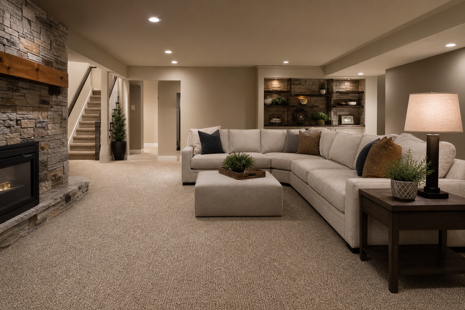 Finished basement lounge with carpet and a cozy, quiet feel