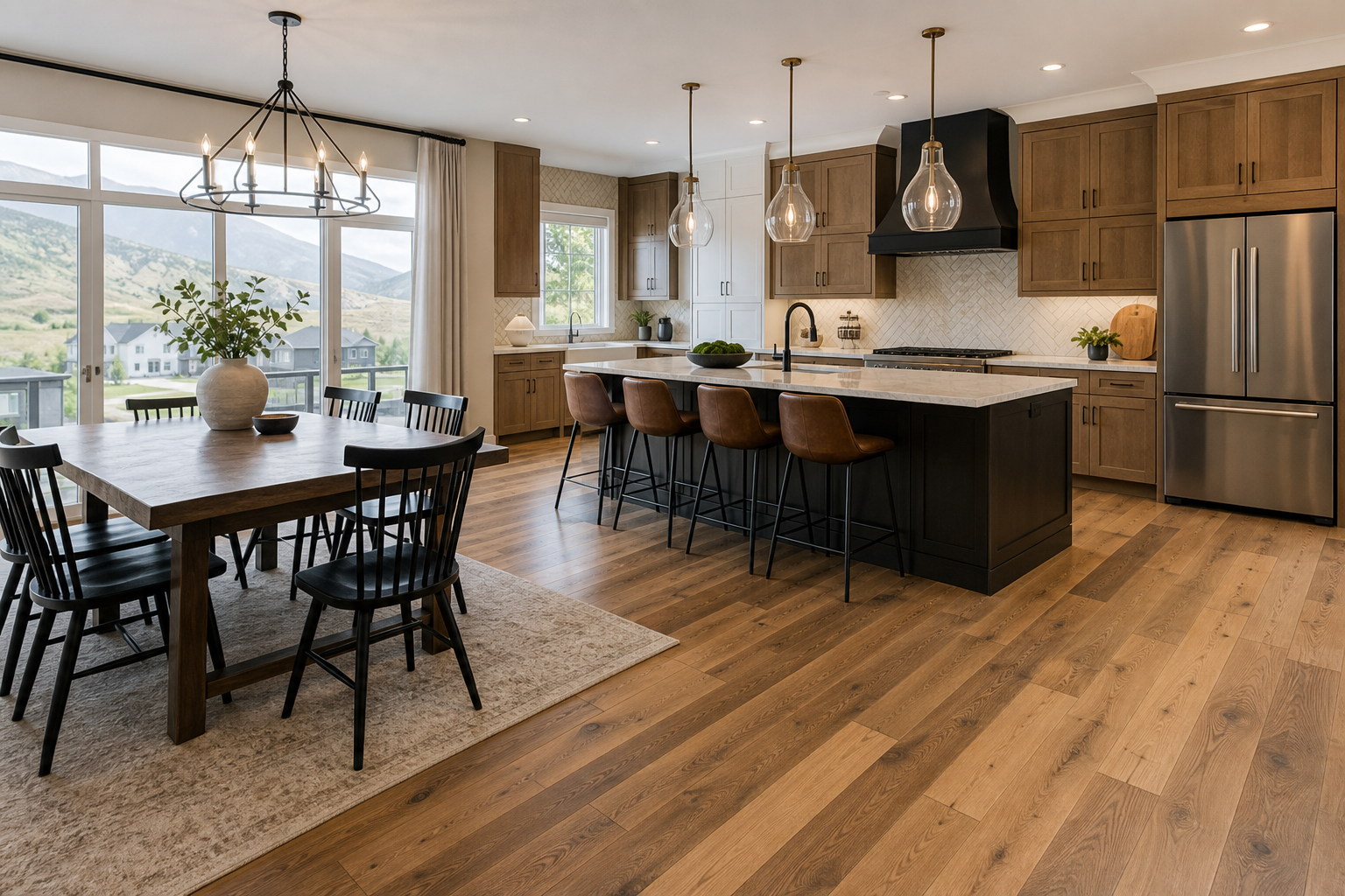 Finished hardwood dining area with open kitchen