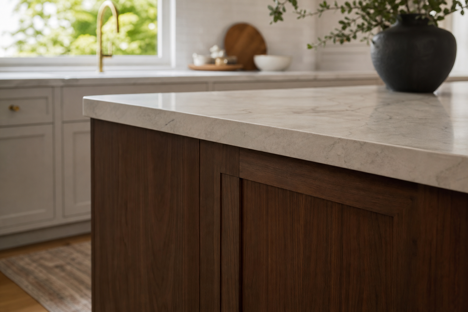 Finished kitchen island showing a comfortable countertop edge profile and clean cabinetry.