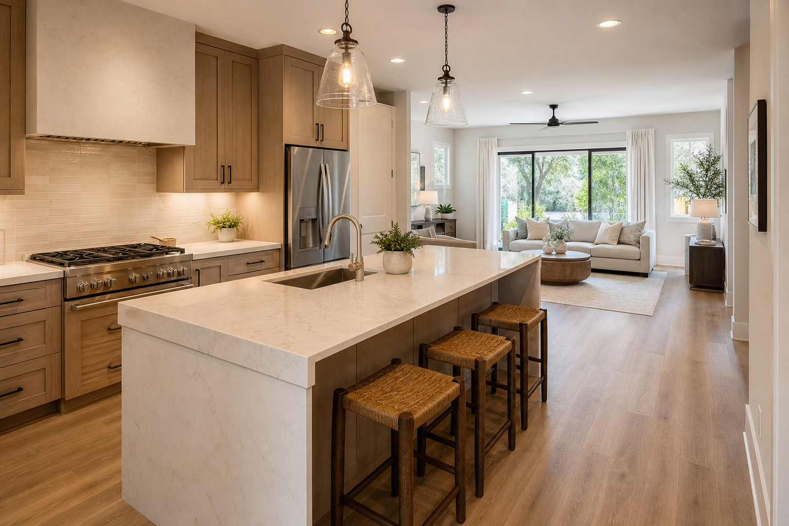 Completed kitchen with coordinated countertop, backsplash tile, and continuous flooring into the adjacent space.