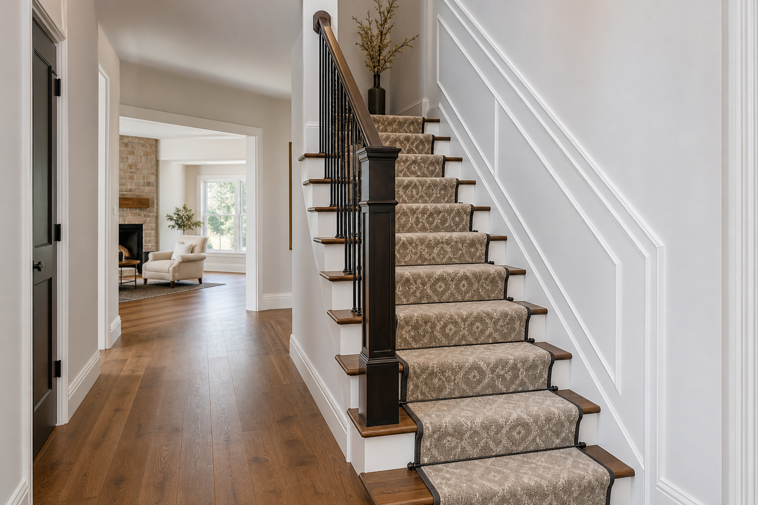 Finished staircase with patterned carpet runner over hard surface flooring.