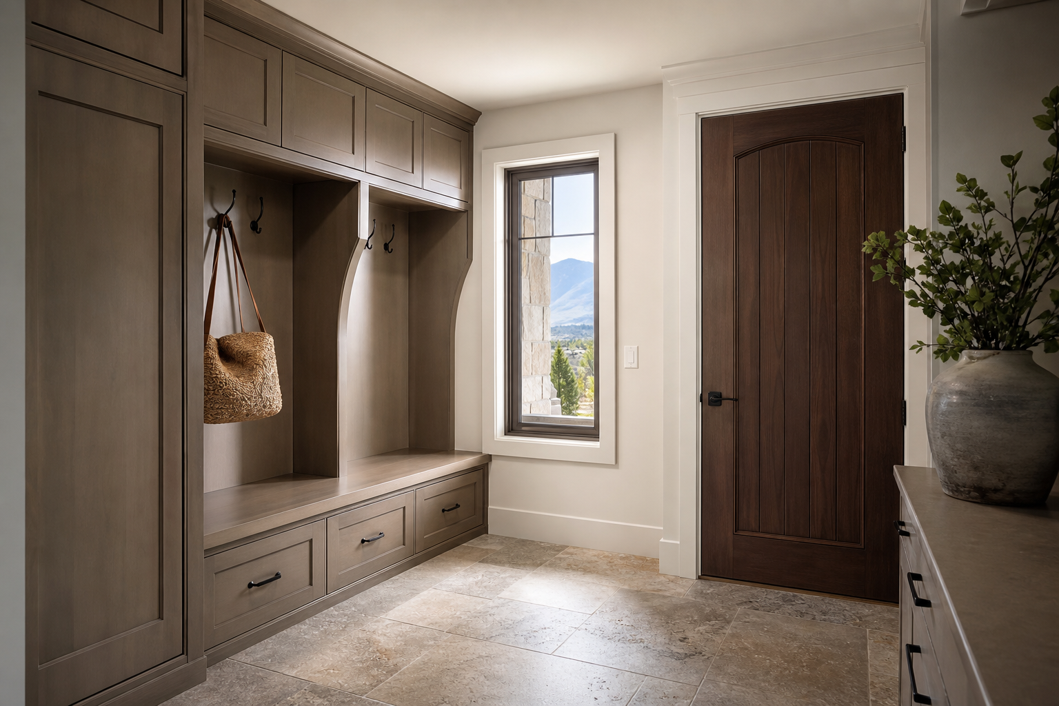 Finished mudroom entry with natural stone floor and organized storage