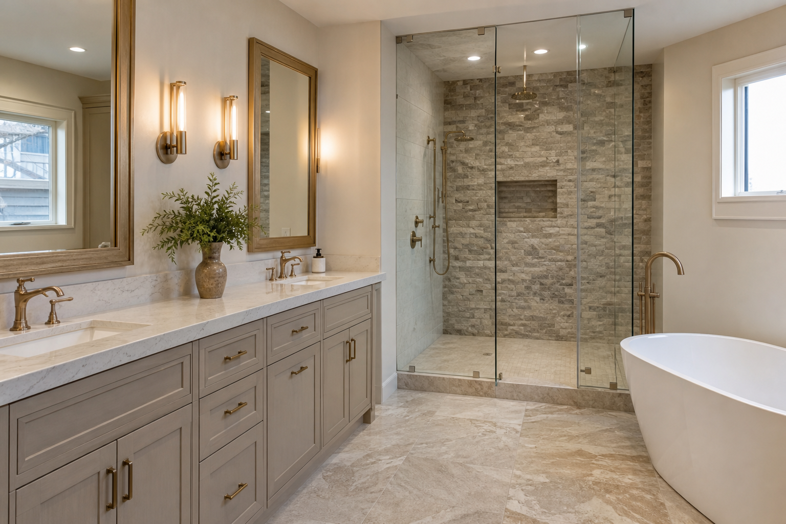 Finished bathroom with natural stone floor and shower accent