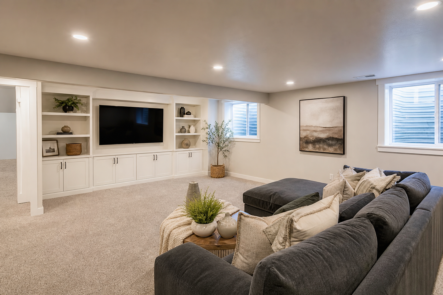 Finished basement family room with soft carpet in a Utah Valley home.