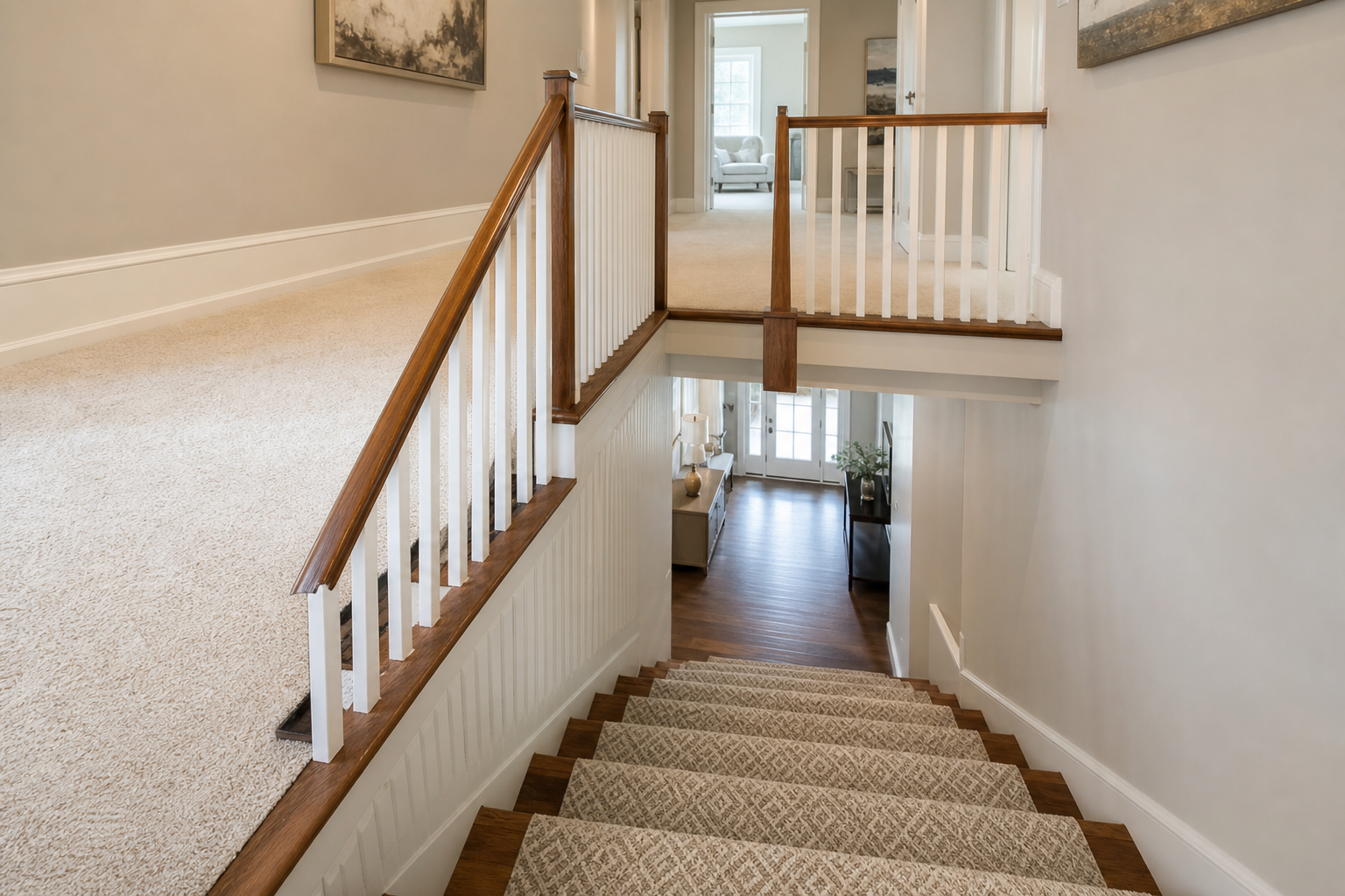 Finished staircase and upper hallway with installed carpet runner and coordinating bedroom carpet.