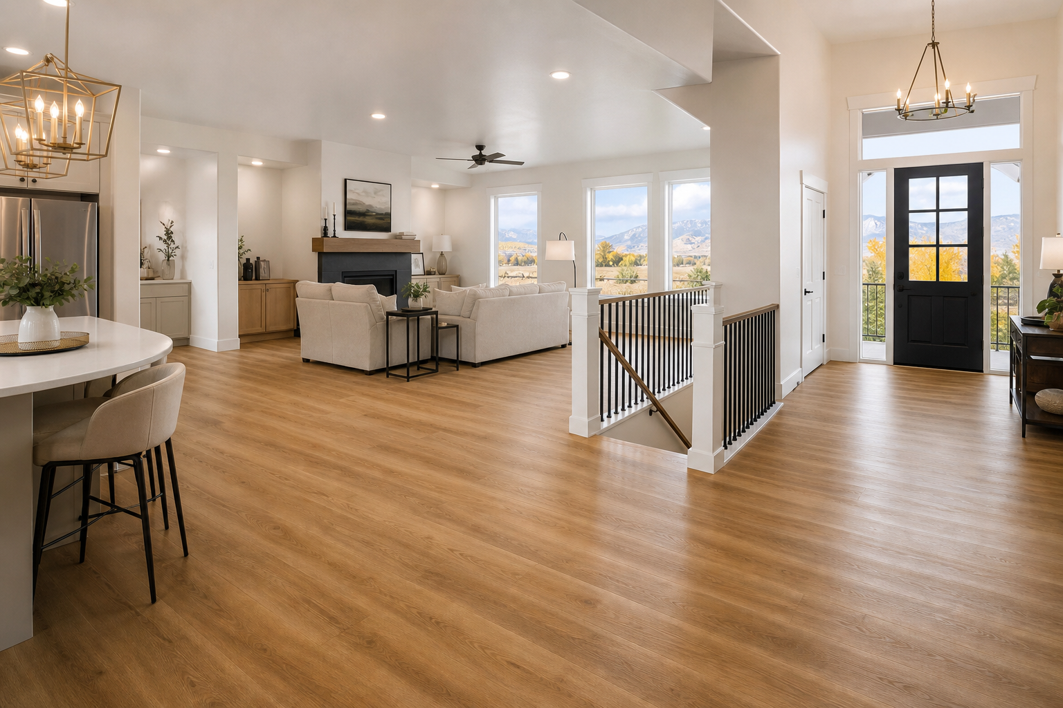 Finished Orem-area style living room and entry with warm luxury vinyl plank flooring and soft mountain daylight.