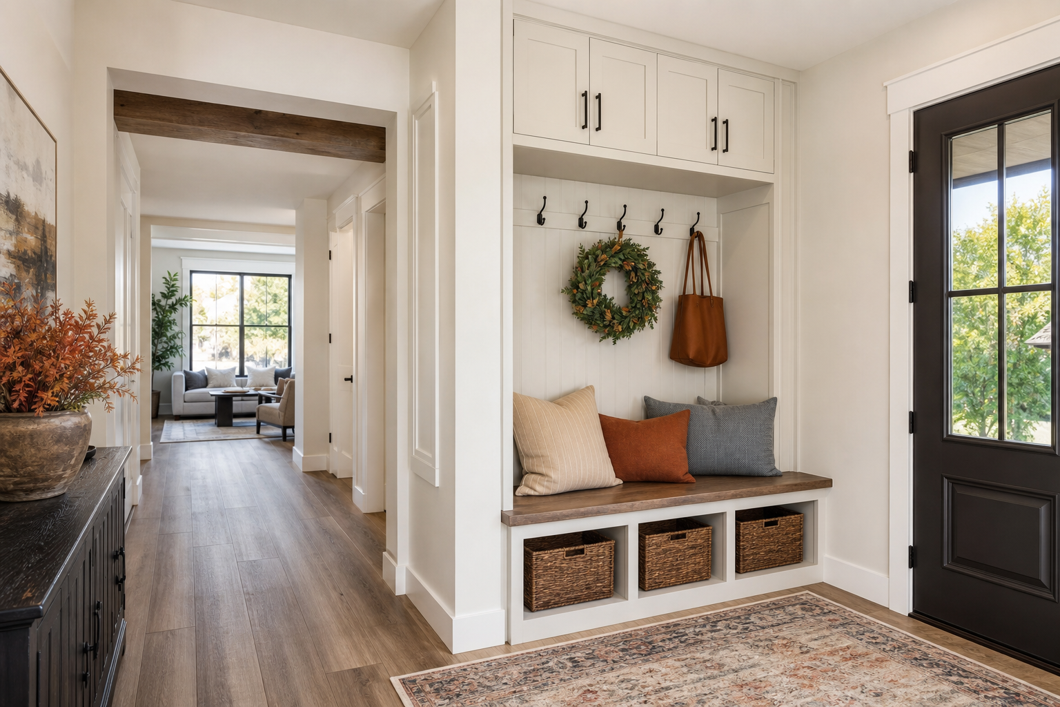 Finished mudroom-style entry with durable hard surface flooring and clean organized styling.