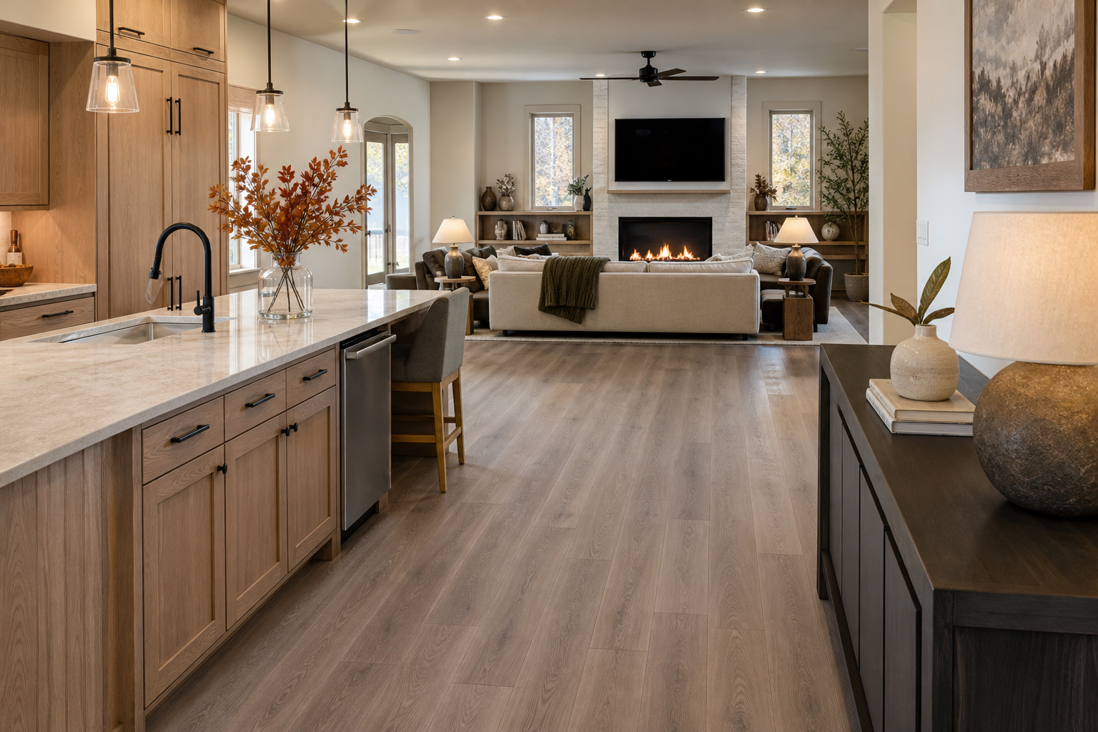Finished kitchen and family room with seamless hard surface flooring for a fall-ready home.
