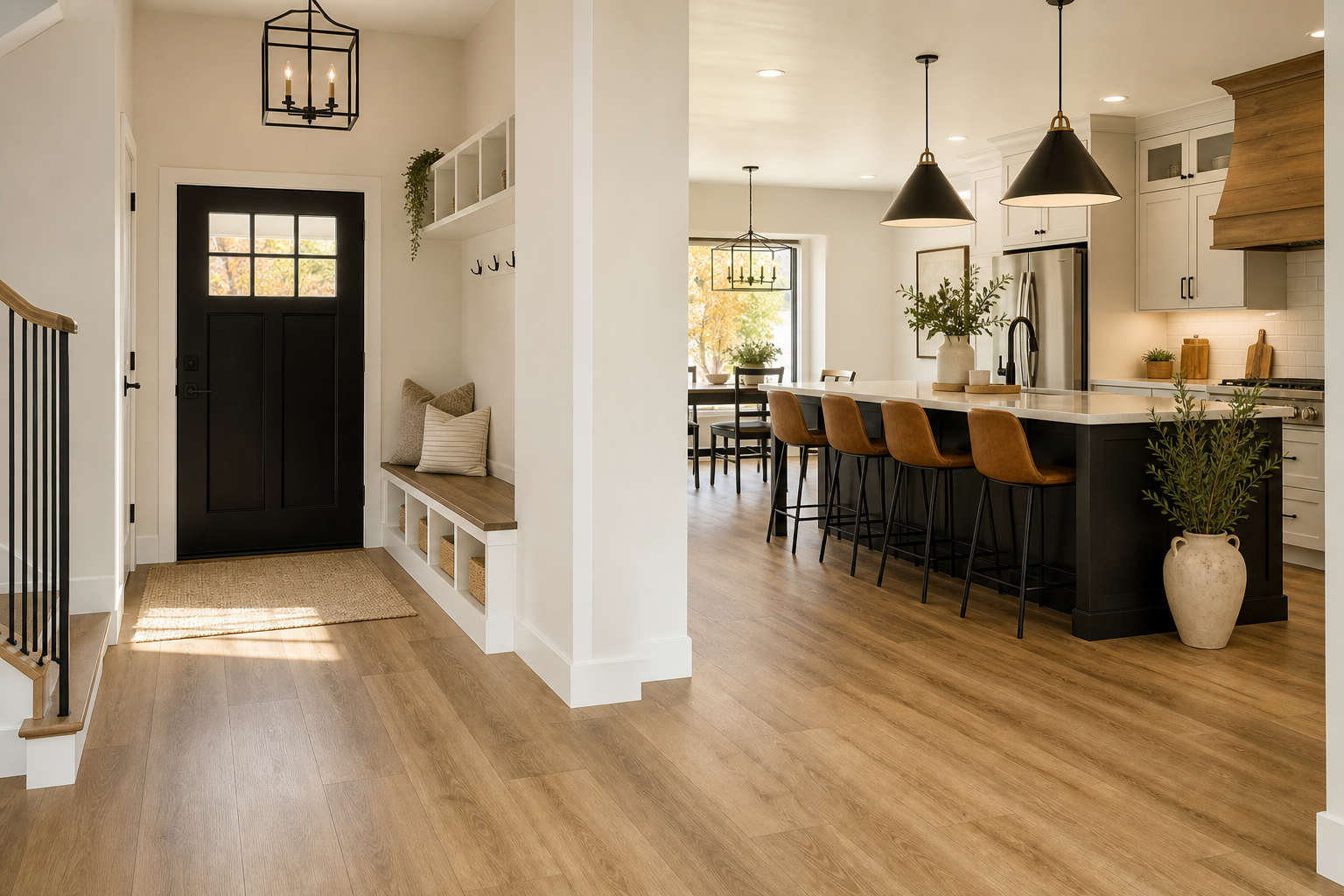 Finished Orem-style home entry and kitchen with warm oak-look luxury vinyl plank flooring.