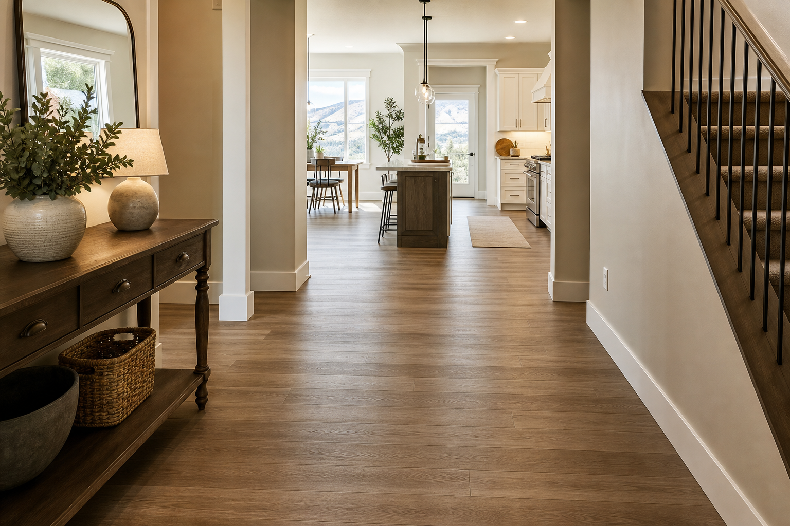 Finished hallway and kitchen in an Orem home with luxury vinyl plank flooring.