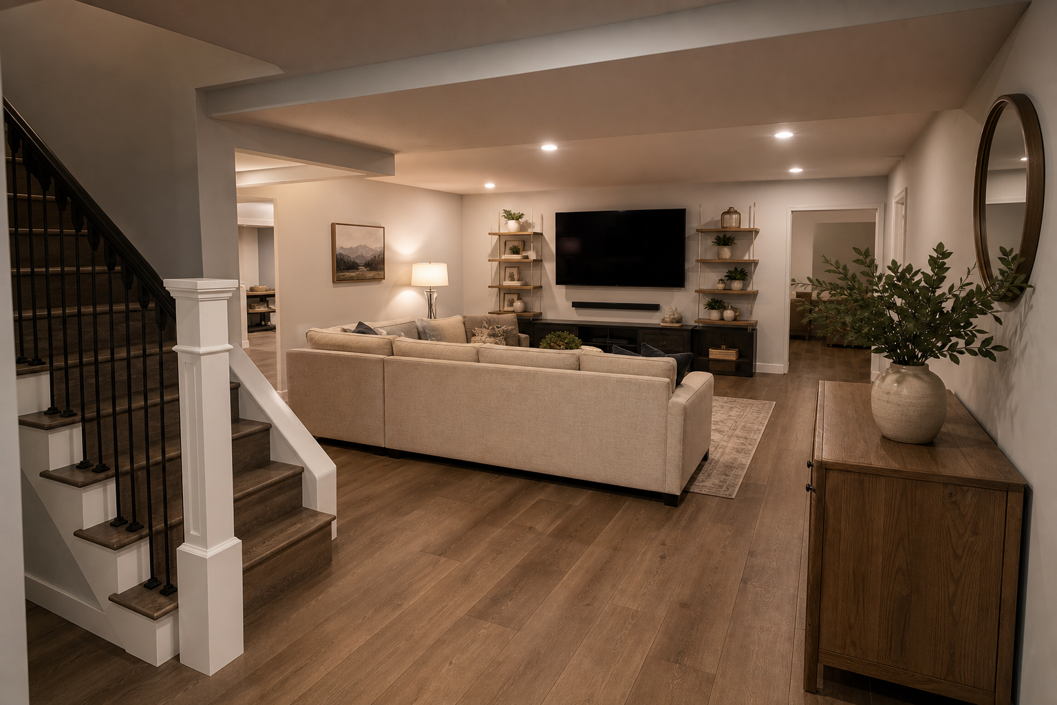Finished basement landing and family room with luxury vinyl flooring in a Utah Valley home.