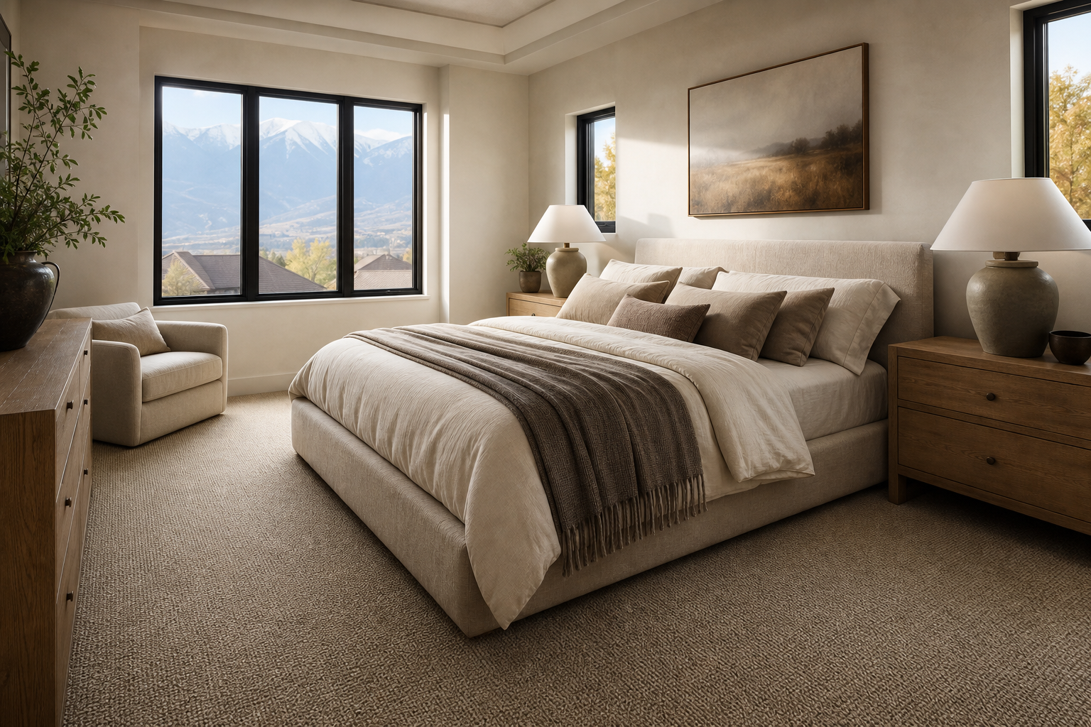 Finished Orem-style bedroom with warm neutral wool carpet and soft natural light