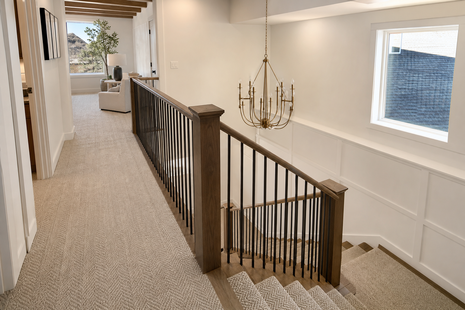 Finished staircase with tailored wool carpet runner and upstairs landing