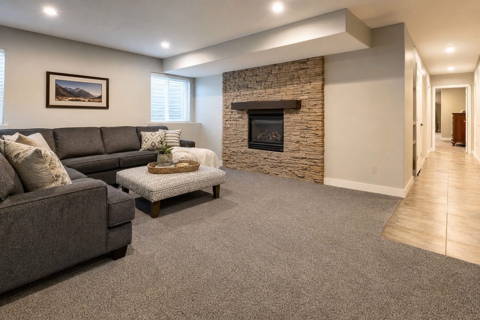 Finished basement family room with wool carpet and adjacent hard-surface transition