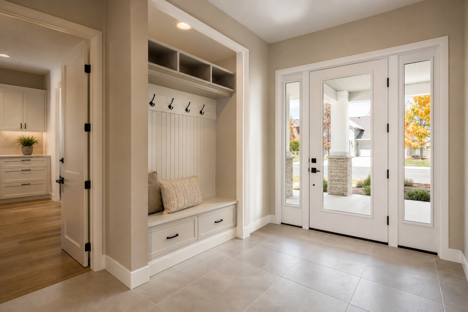 Finished Utah-style home entry with practical porcelain tile flooring