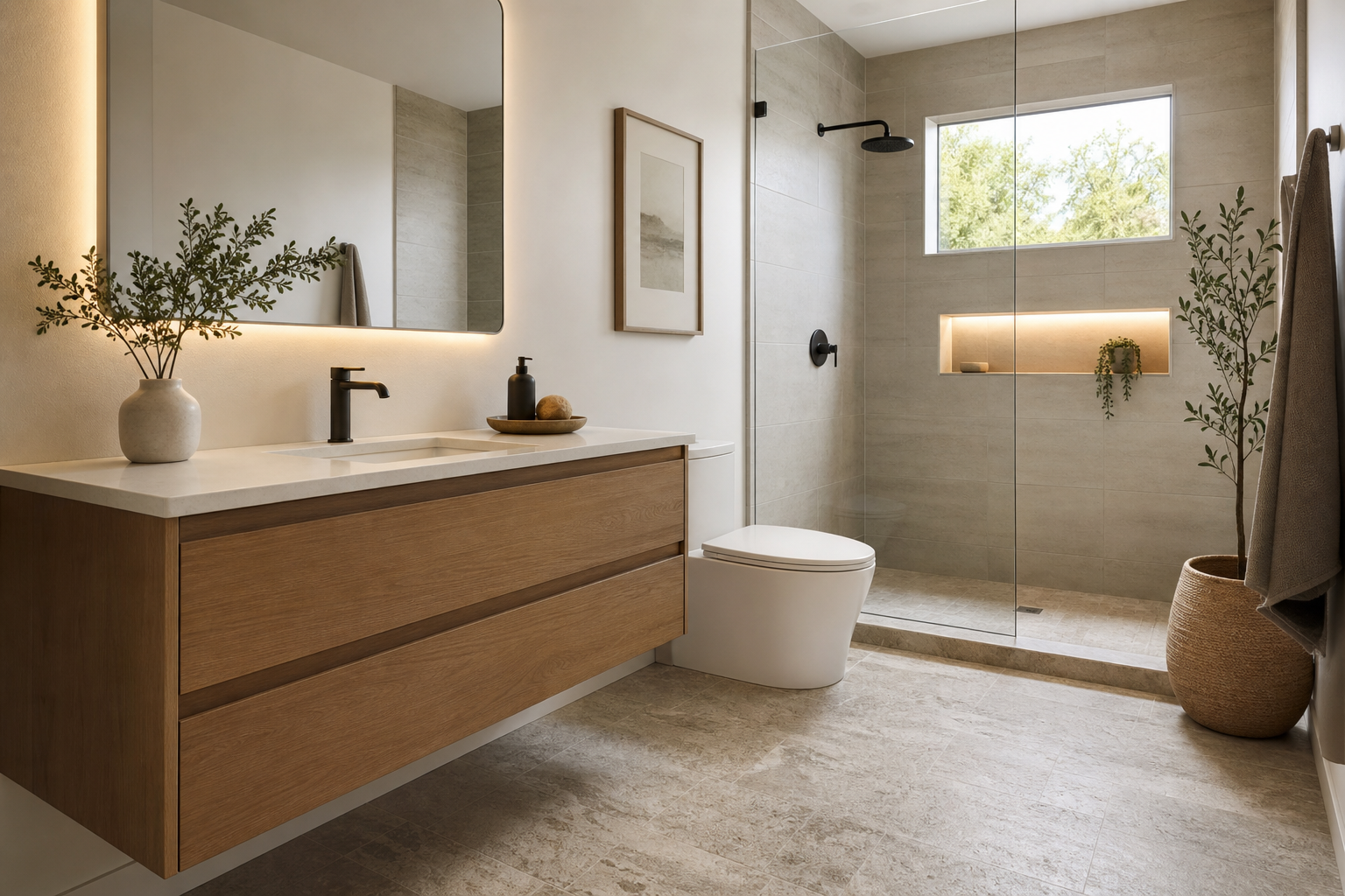 Finished bathroom with practical tile floor and shower walls