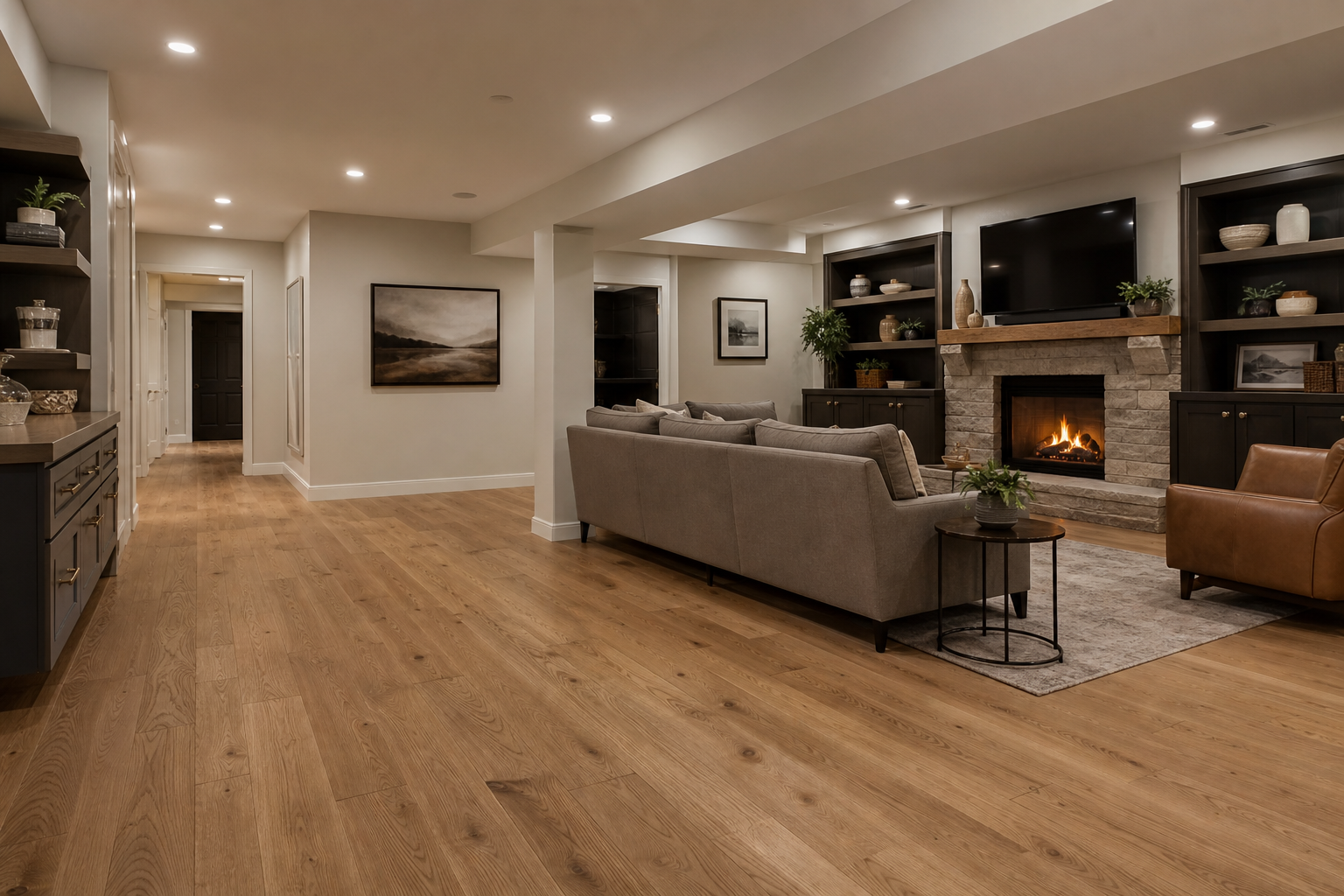 Finished basement family room with engineered hardwood look and warm neutral decor