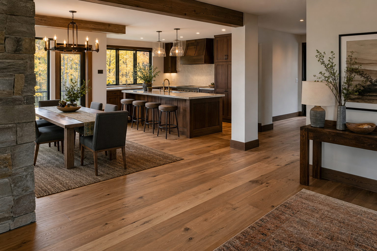 Finished kitchen and dining space with hardwood floors transitioning from entry area