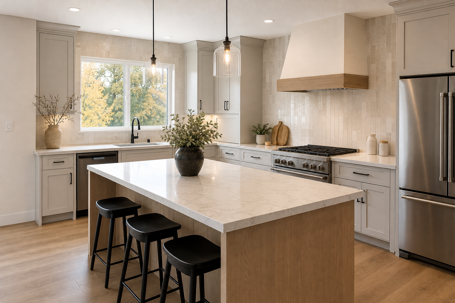 Finished Orem-style kitchen with light countertops, warm wood accents, and a coordinated tile backsplash.