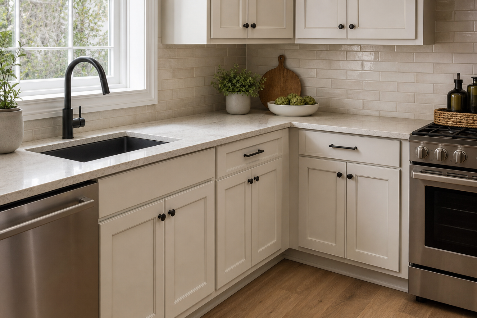 Finished kitchen corner with coordinated countertop, backsplash, and flooring.