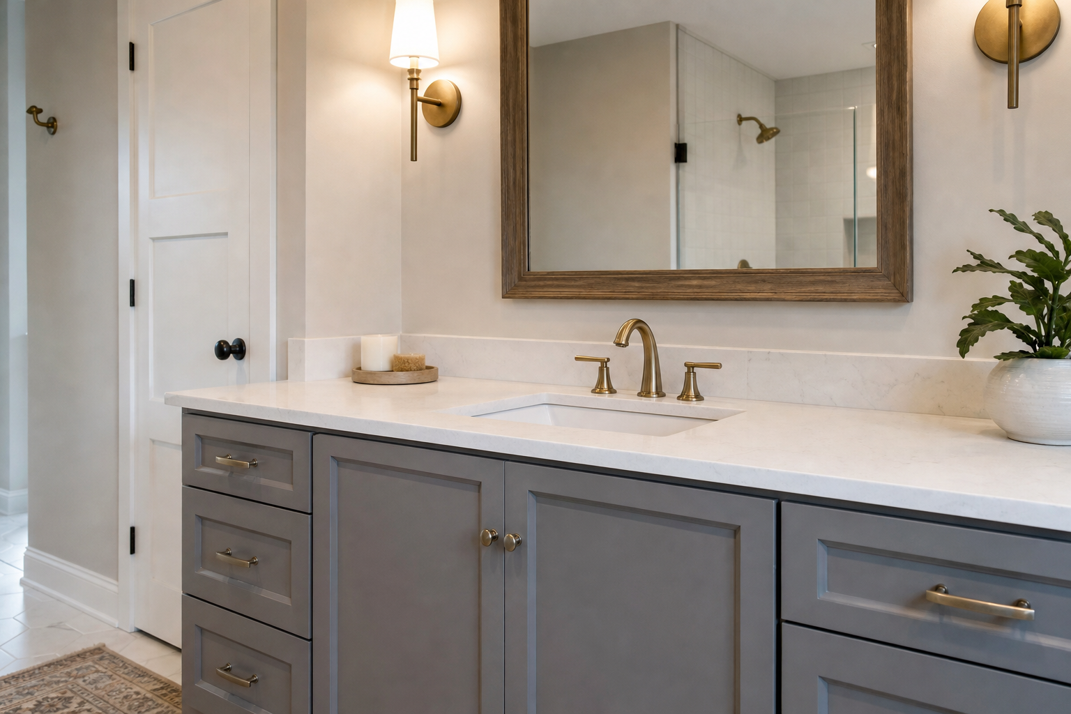 Finished bathroom vanity with a durable countertop and simple backsplash.