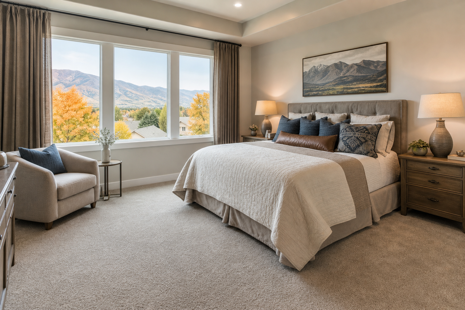Finished bedroom with soft neutral carpet and warm fall light