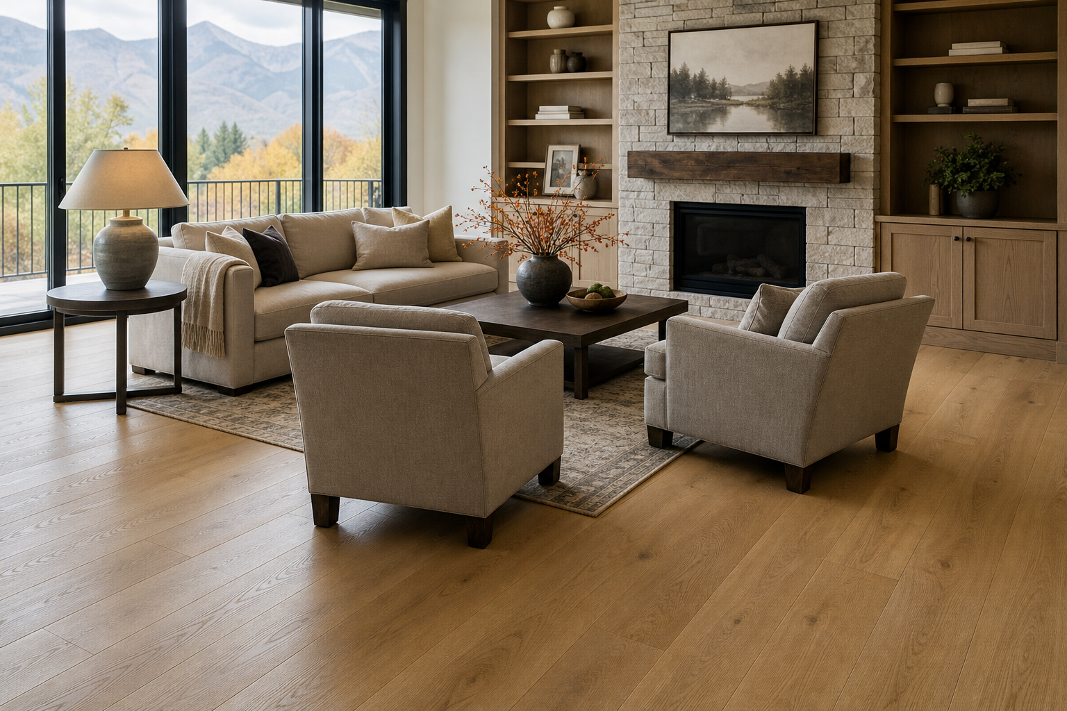 Bright finished living room in an Orem-style home with wide-plank engineered oak flooring and soft fall light.