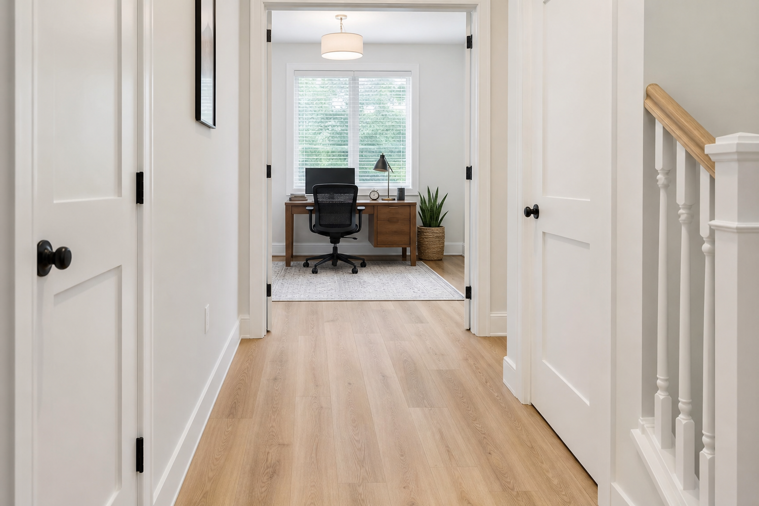 Finished hallway and home office with light wood-look laminate flooring in a calm residential interior.