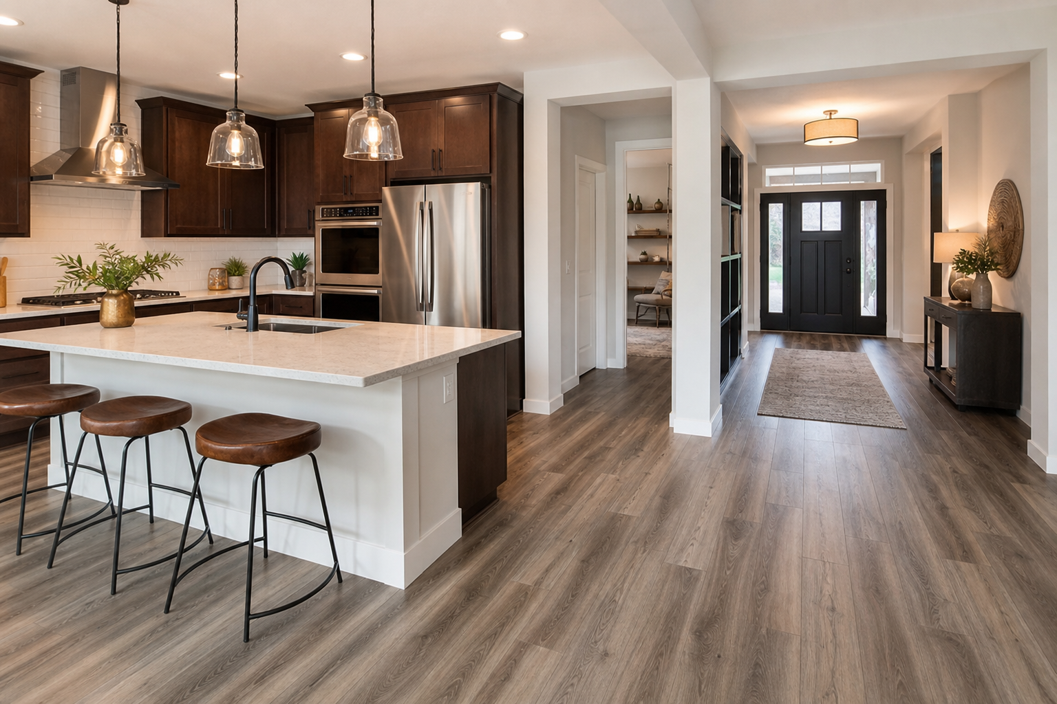 Finished kitchen and entry area with waterproof vinyl plank flooring in a busy-use family-friendly layout.