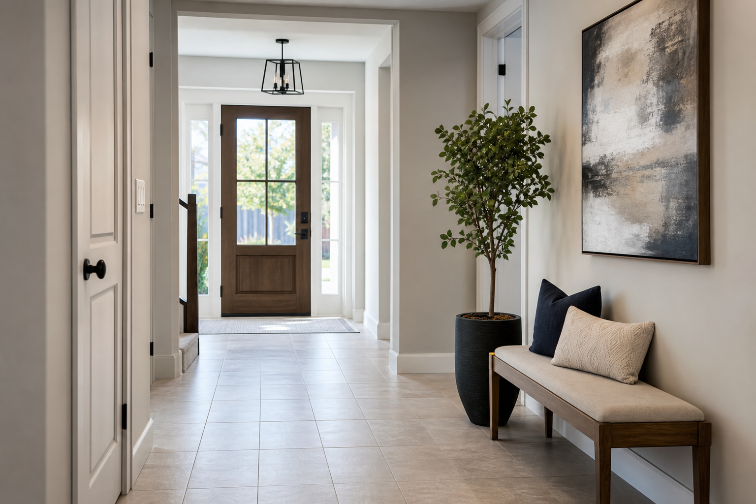 Finished home entry with light porcelain tile flooring designed for summer traffic and easy cleanup.