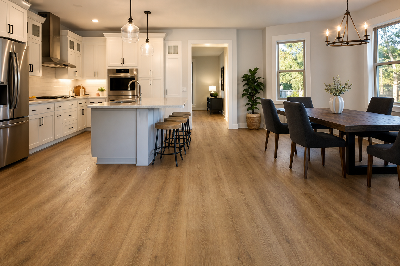 Finished kitchen and dining area with continuous luxury vinyl plank flooring for a practical summer remodel.