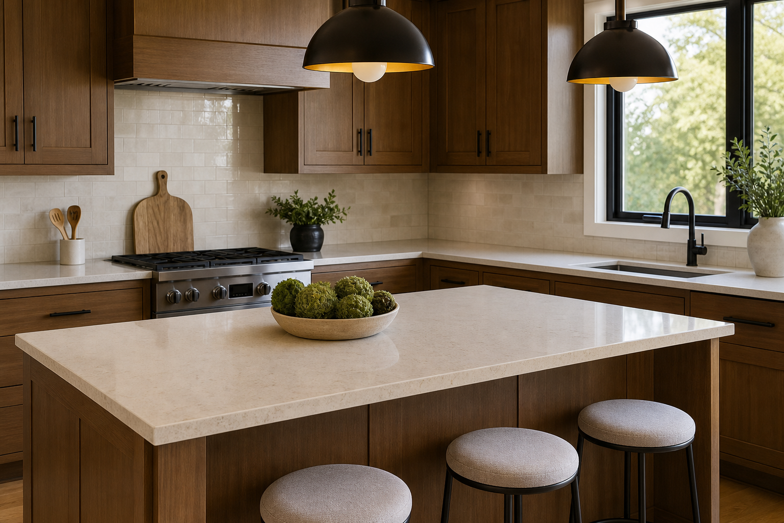 Finished kitchen island with pale countertop and quiet backsplash tile
