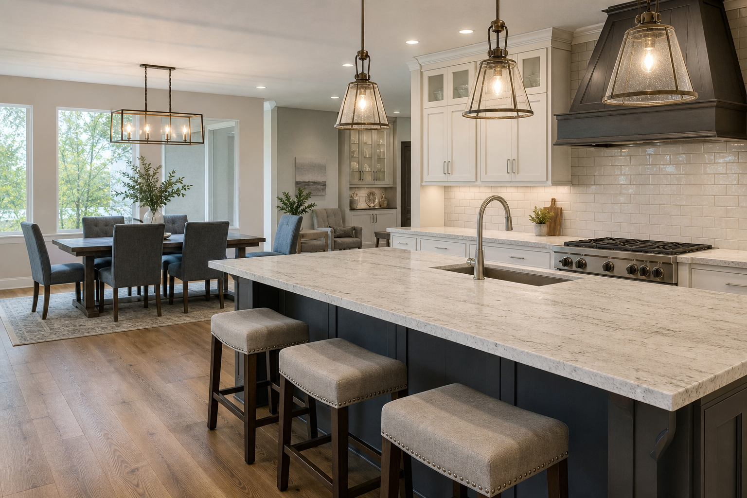 Open kitchen with coordinated countertop, backsplash, and flooring