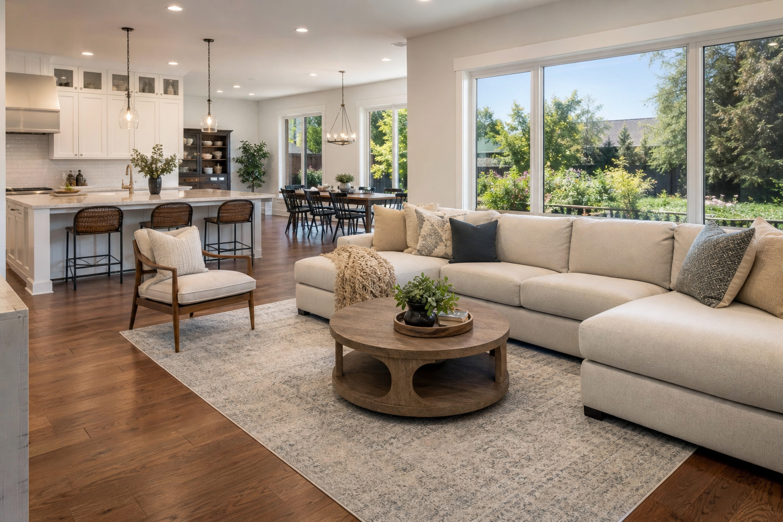 Open-plan family room with installed hardwood floors in a Sacramento home