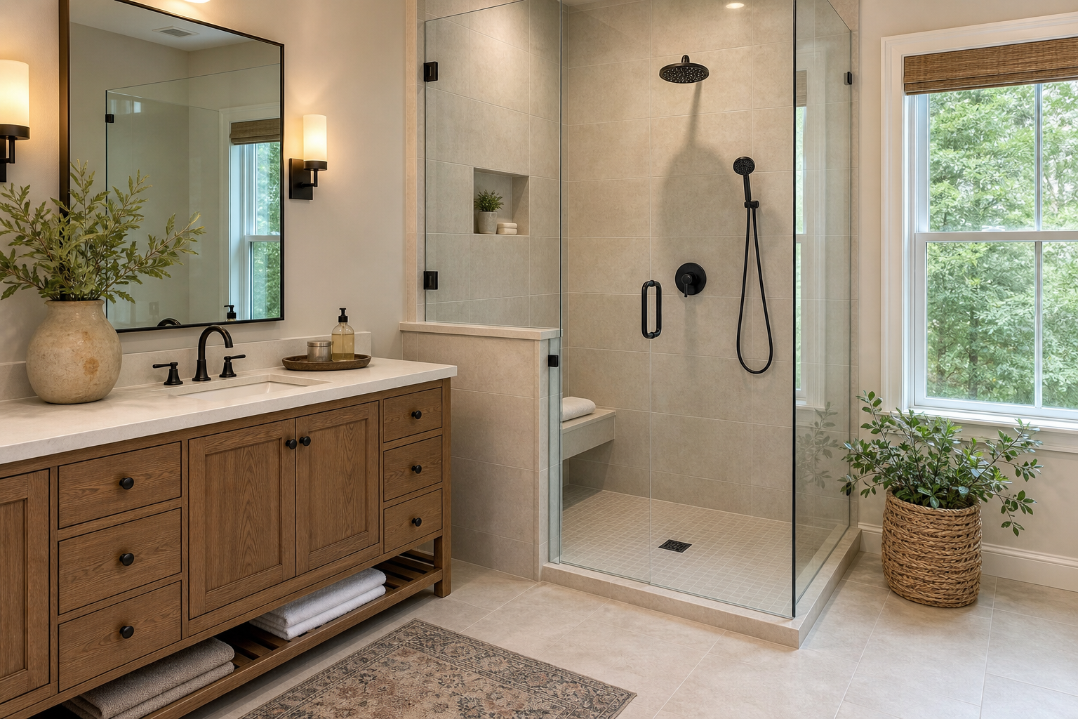 Finished bathroom with warm neutral shower tile and matching floor tile