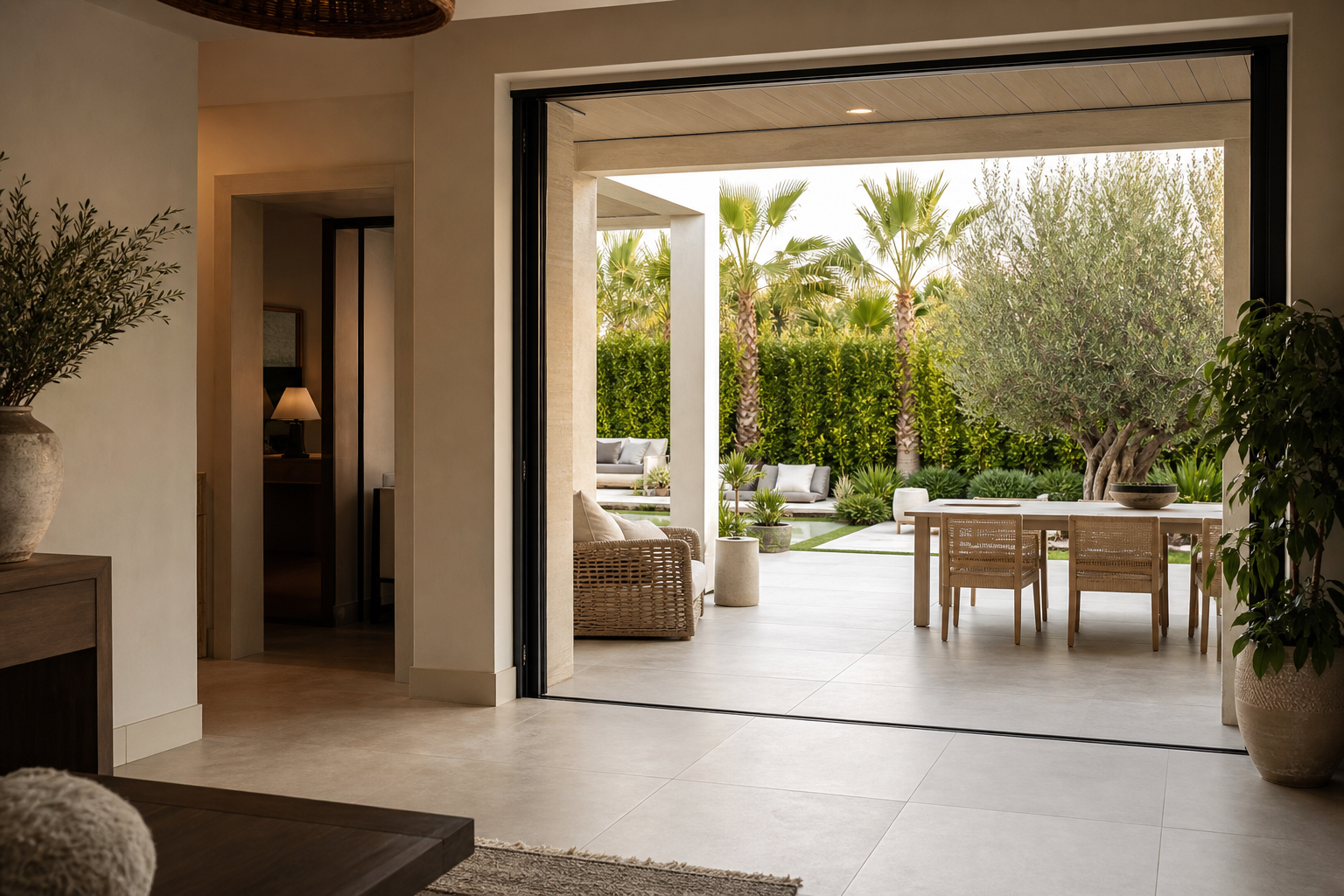 Finished entry and patio transition with durable tile in a warm-climate home