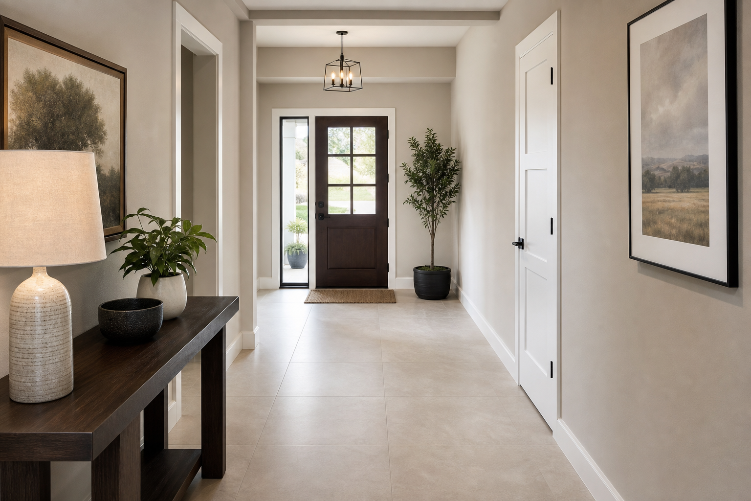 Finished front entry with durable tile flooring ready for Sacramento fall weather.