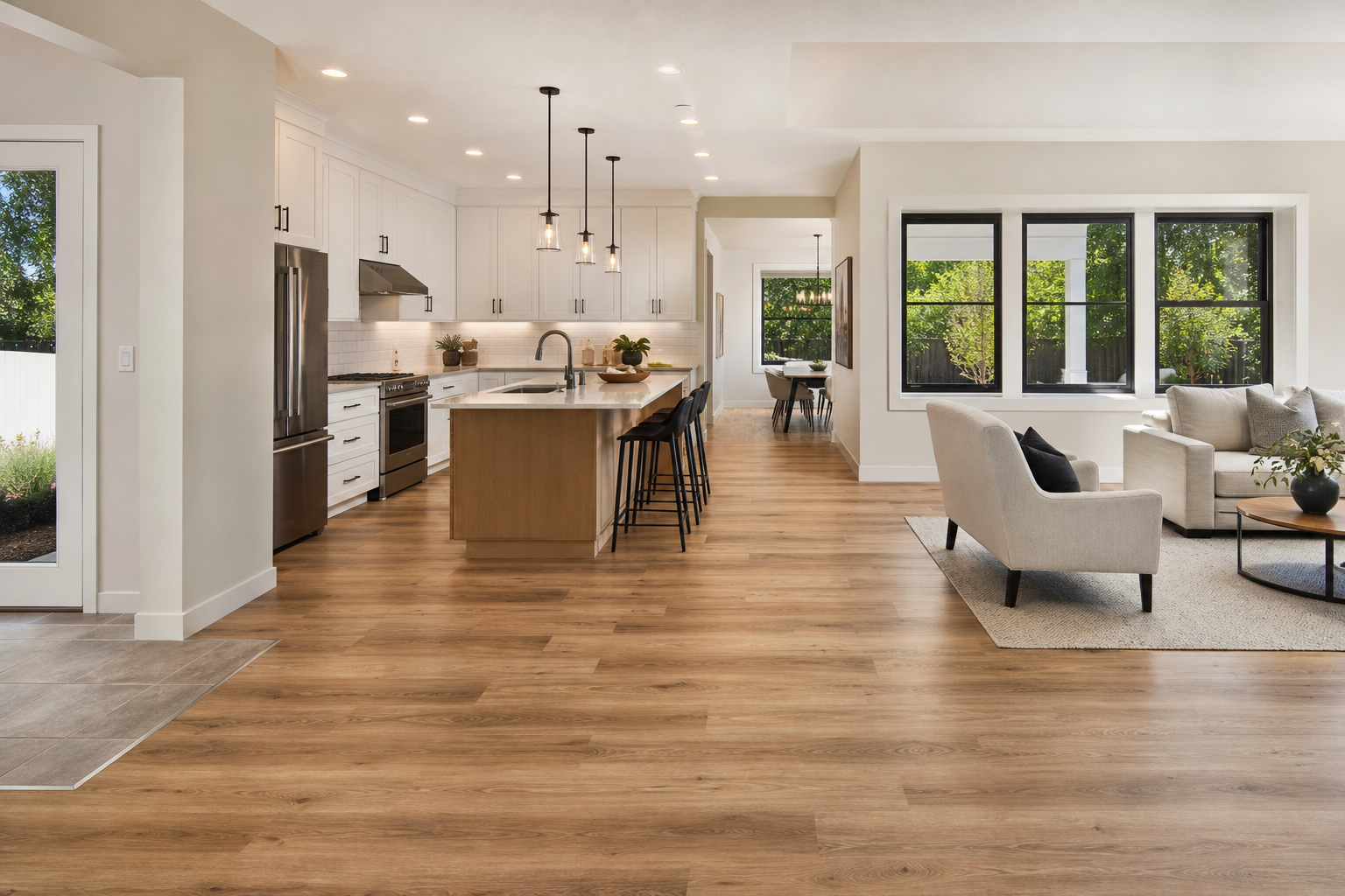 Finished kitchen and family room with coordinated luxury vinyl and tile surfaces.