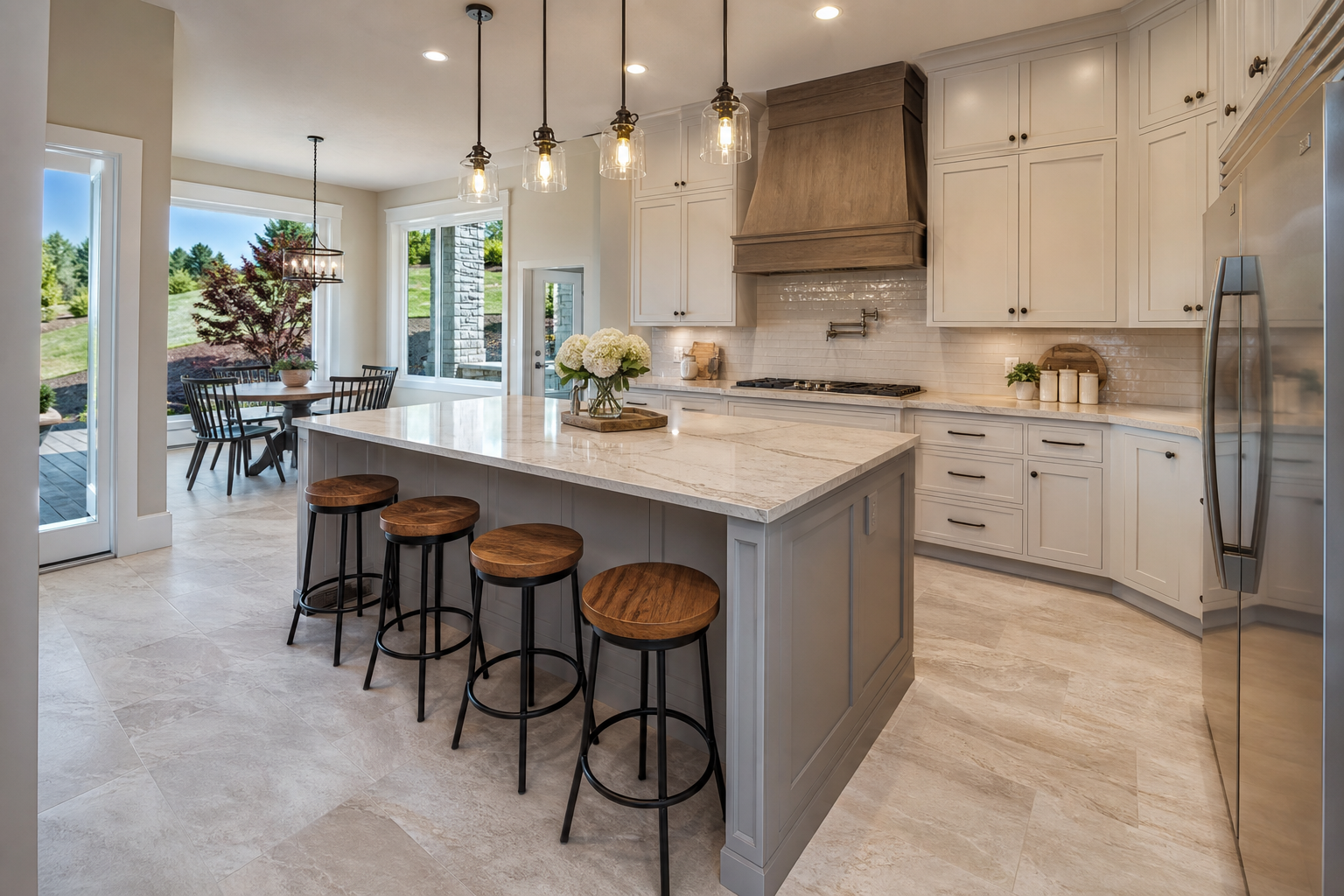 Finished kitchen with stone-look luxury vinyl tile flooring