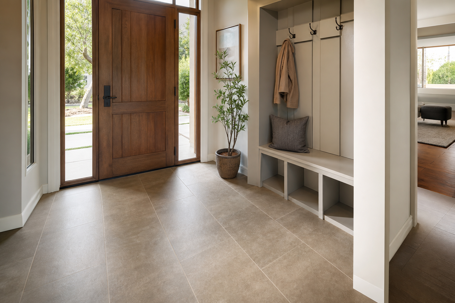 Finished entryway with matte porcelain floor tile suited for rainy-season traffic